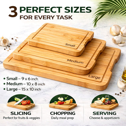 Bamboo Cutting Board Set of 3 – Wooden Kitchen Cutting Boards for Kitchen. Non-Toxic, Knife-Friendly, Durable Chopping Boards for Meat, Vegetables & Serving. Wood Cutting Board, Cutting Board Wood Set