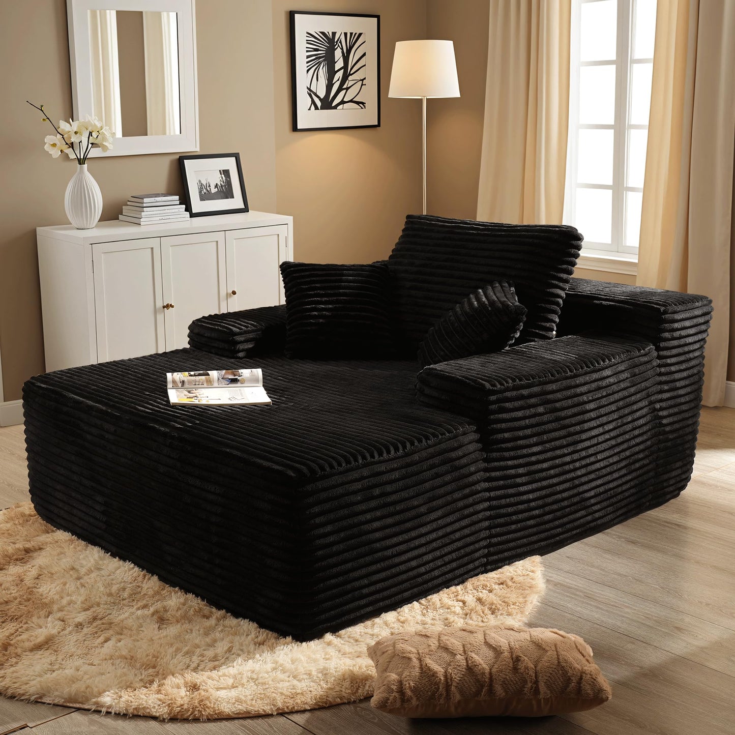 ovios 67'' Chaise Lounge Chair Indoor, Oversized Upholstered Boneless Sofa Bed, Deep Seat Sleeper Couch, Plush Cloud Sofas Couches for Living Room, No Assembly Required (Faux Fur, Black)