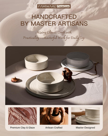 Famiware Premium 24-Piece Stoneware Dinnerware Set – High Edge Plates and Bowls with Reactive Glaze, Speckles & Spirals, Scratch Resistant Dishes, Dishwasher Safe, Service for 8, Gift Box, Shell Beige