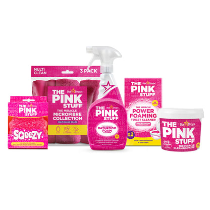 Stardrops - The Pink Stuff Bathroom Cleaning Kit – Cleaning Paste, Bathroom Foam Spray, Toilet Foaming Powder, SQeeZY Sponge & 3 Microfiber Cloths – Tough on Stains, Grease & Soap Scum