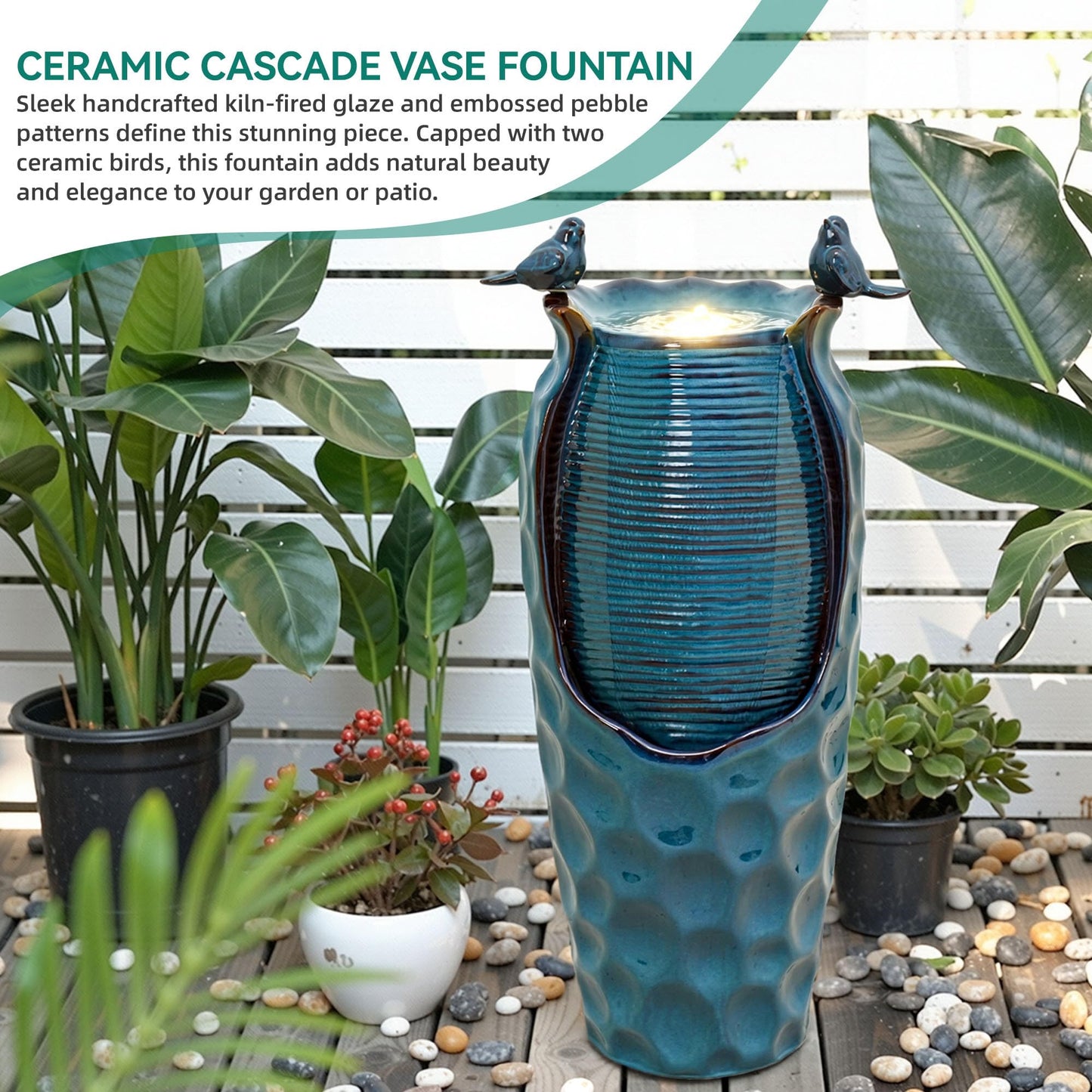 Autodaya 32.5" H Ceramic Jar Outdoor Fountain, Honeycomb Pot Water Feature with LED Lights, Soothing Trickling Waterfall for Garden, Patio, Yard, Balcony Oasis, KD Vivid Birds, Turquoise Glaze