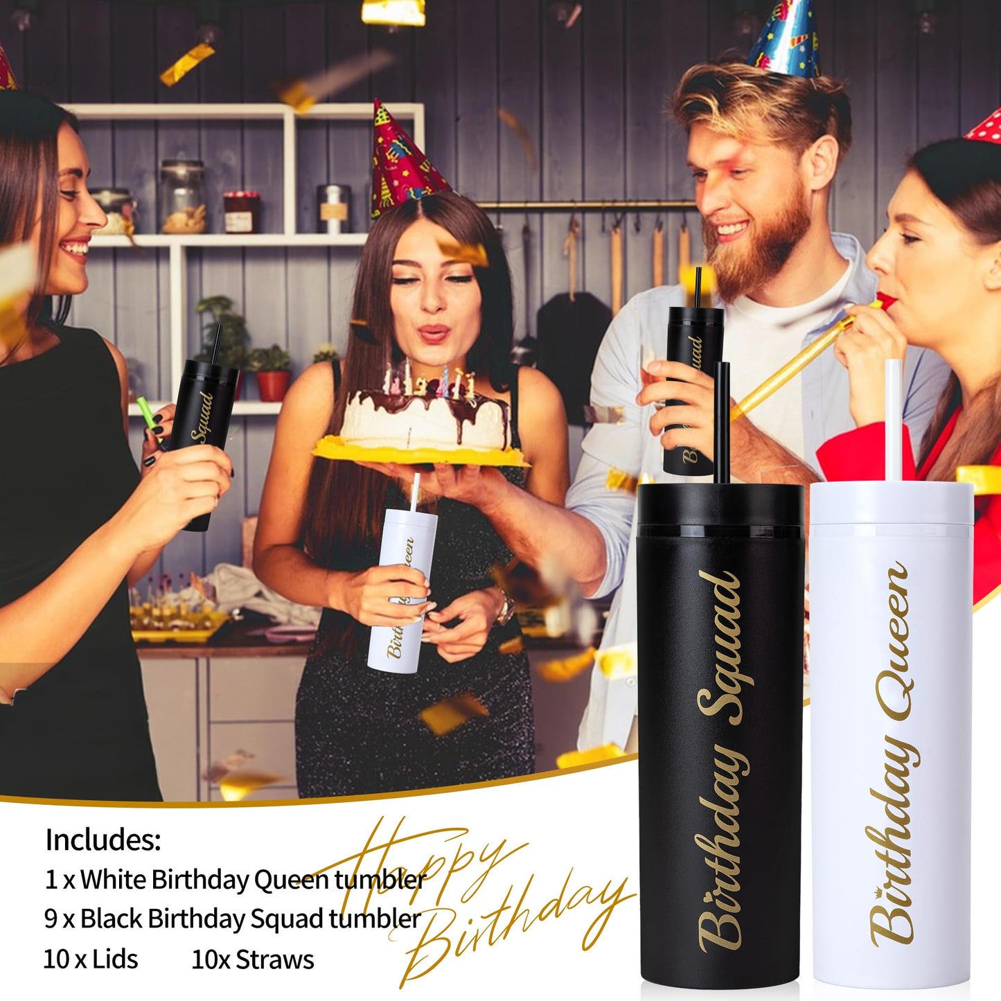 10 Pack Birthday Party Cups 16 oz Double Wall Birthday Squad Tumblers Birthday Queen Plastic Tumbler with Lid and Straws Birthday Cup Women Trip Cups for Women Trip Weekend Birthday Gifts(Black)