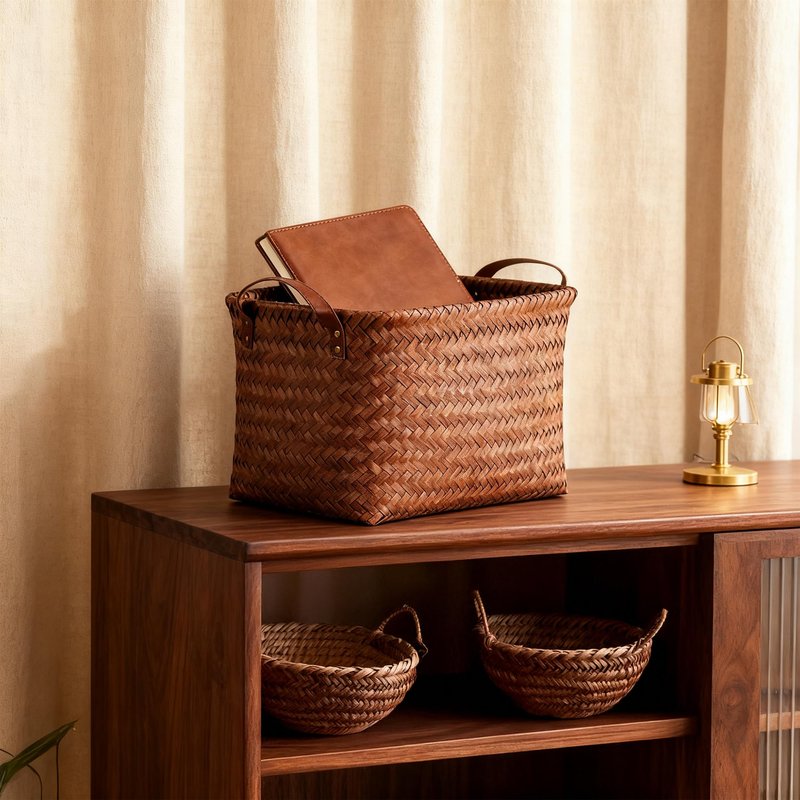 Stylave 15L Laundry Baskets Waterproof Storage Baskets For Shelves Large Laundry Hamper With Leather Handle -set of 4 Cube Organizers Woven Bins for Bathroom,Bedroom,Pantry,Clothes,Car & Towels-Brown