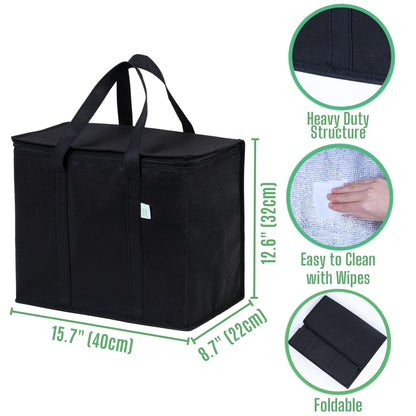 VENO 2 Pack Cooler Bags - Insulated for Food Delivery, Collapsible and Reusable Shopping Bags with Zipper, Foldable, Heavy-Duty, Stands Upright - Ideal for Groceries (Black, 2 Pack)