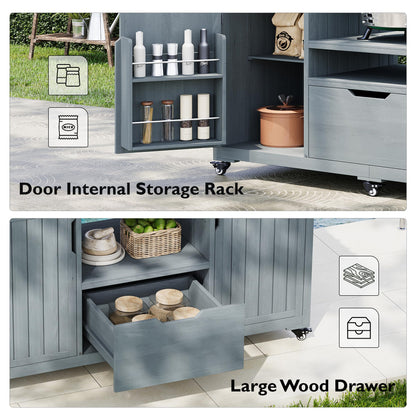 Trygoal 66.5" Outdoor Kitchen Island for Big Green Egg & Kamado Joe - 1380 sq in Heavy Duty Grill Cart with Stainless Steel Top - Solid Wood Rolling BBQ Prep Station with 6 Wheels & Storage, Grey Blue
