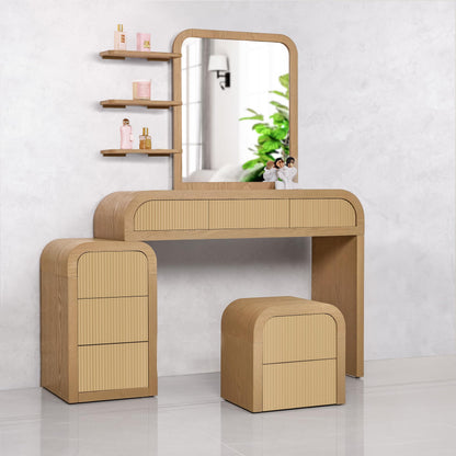 ZETY HOME Fluted Makeup Vanity Desk with Mirror, Stool, 8 Drawers, 3 Shelves, Ash Veneer, Modern Style