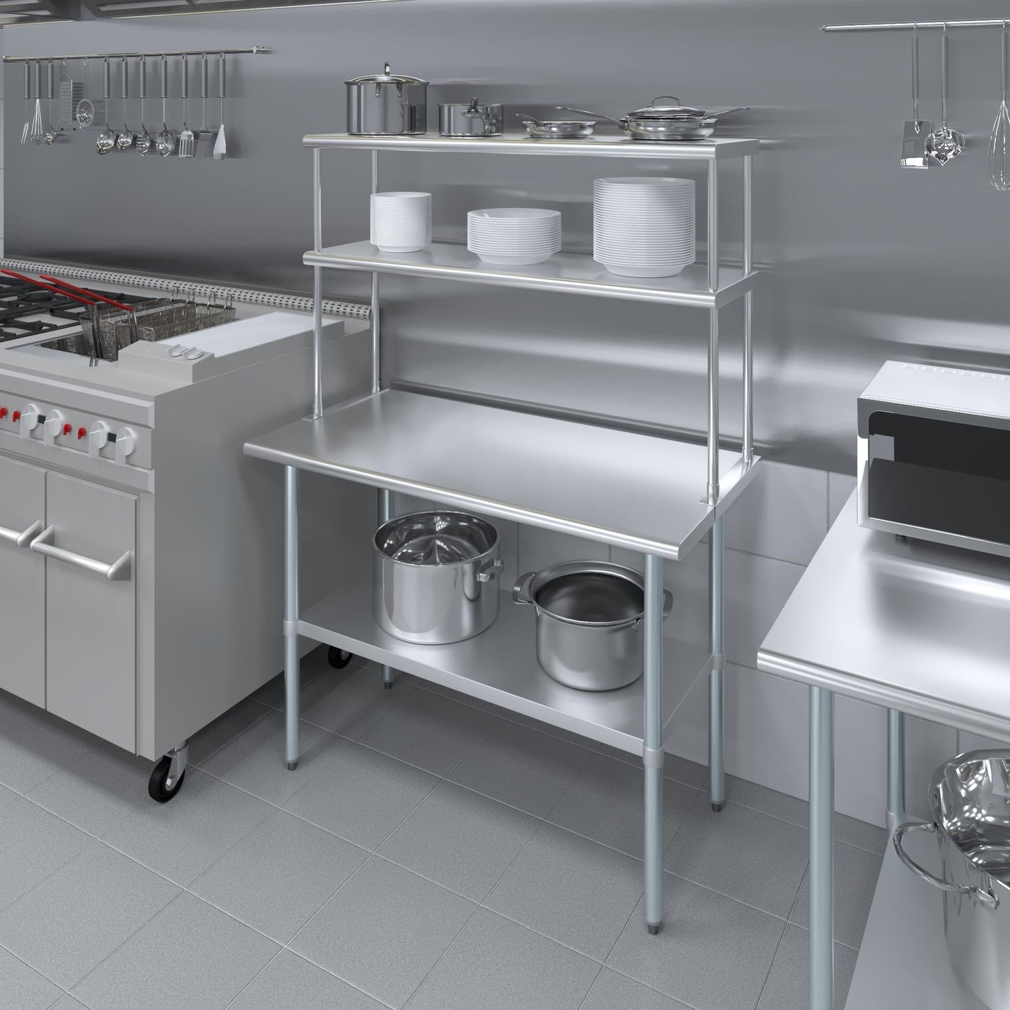 AmGood Stainless Steel Double Deck Overshelf – 14 in. x 48 in. – Heavy Duty, NSF Certified, Commercial-Grade, Adjustable Tiered Shelf for Kitchen Prep Tables and Workbenches