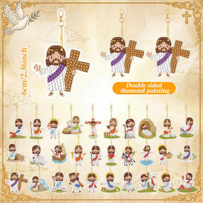 WILLBOND 30 Pcs Mini Jesus Diamond Art Keychain Kits for Adults Christian Jesus Diamond Painting Keychains Double Sided DIY Religious Cross Keyrings for Church Catholic Sunday Easter Beginners Gifts
