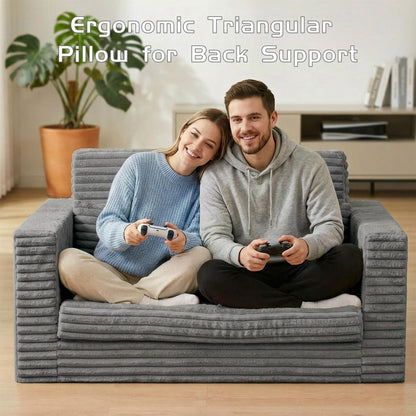 Welnow Double Convertible Sofa Bed with Multi-Function Triangle Ottoman, 59" Boneless 2-in-1 Foldable Loveseat Couch, Fold-Out Sleeper Lounge for Small Apartments, Dorms, Guest Rooms, Grey