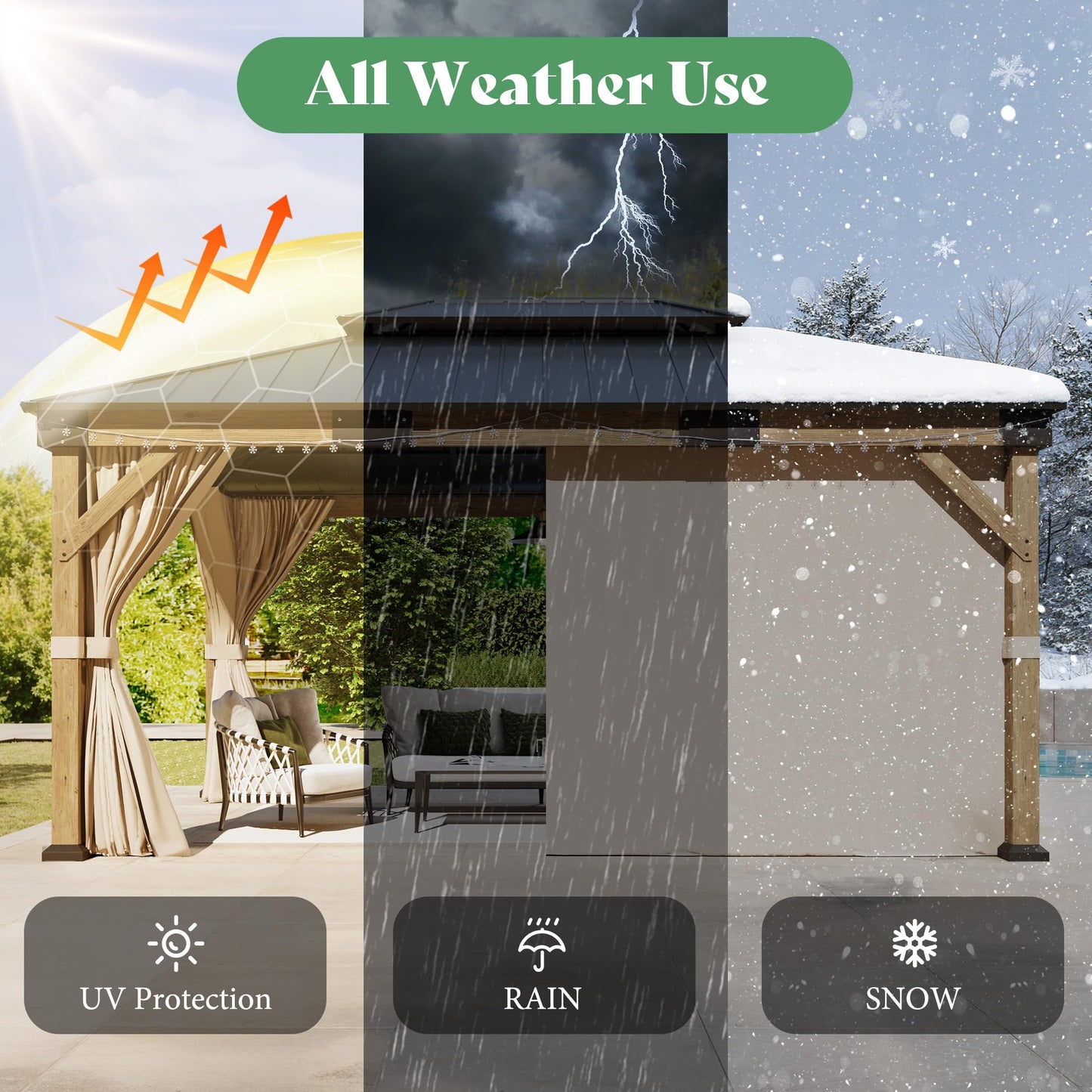 AMERLIFE 12' x 16' Heavy Duty Hardtop Gazebo with Double Metal Roof, Wood Gazebo with Privacy Curtains & Mosquito Netting, Outdoor Pavilion for Backyard, Garden & Patio, Brown