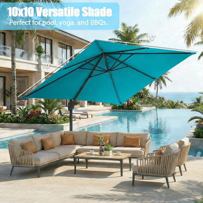 GarveeLife Large Cantilever Patio Umbrella, 10 ft X 10 ft Heavy Duty Aluminum Cantilever Offset Outdoor Umbrella with 360-Degree Rotation for Backyard, Deck, Pool (Turquoise Blue)