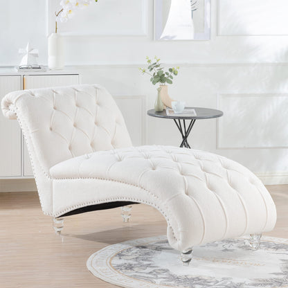 KEIKI Tufted Armless Chaise Lounge Chair, Velvet Lounge Chair with Solid Wood Leg, Upholstered Chaise for Living Room Bedroom Small Space Office Study, White