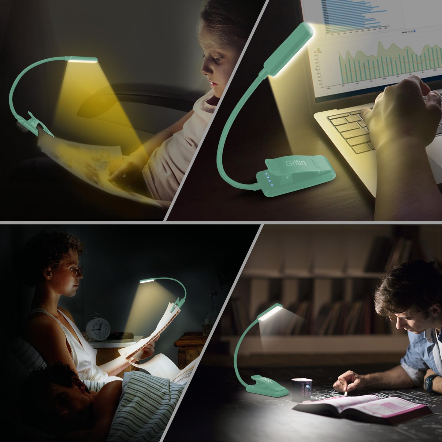 Gritin 9 LED Rechargeable Book Light for Reading in Bed - Eye Caring 3 Color Temperatures,Stepless Dimming Brightness,80 Hrs Runtime Small Lightweight Clip On Book Reading Light for Studying