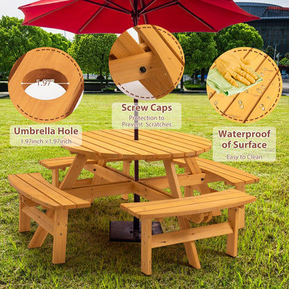 Jaxilyn 8-Person Round Wooden Picnic Table with Seat, Outdoor Camping Dining Table with 4 Built-in Benches, Natural