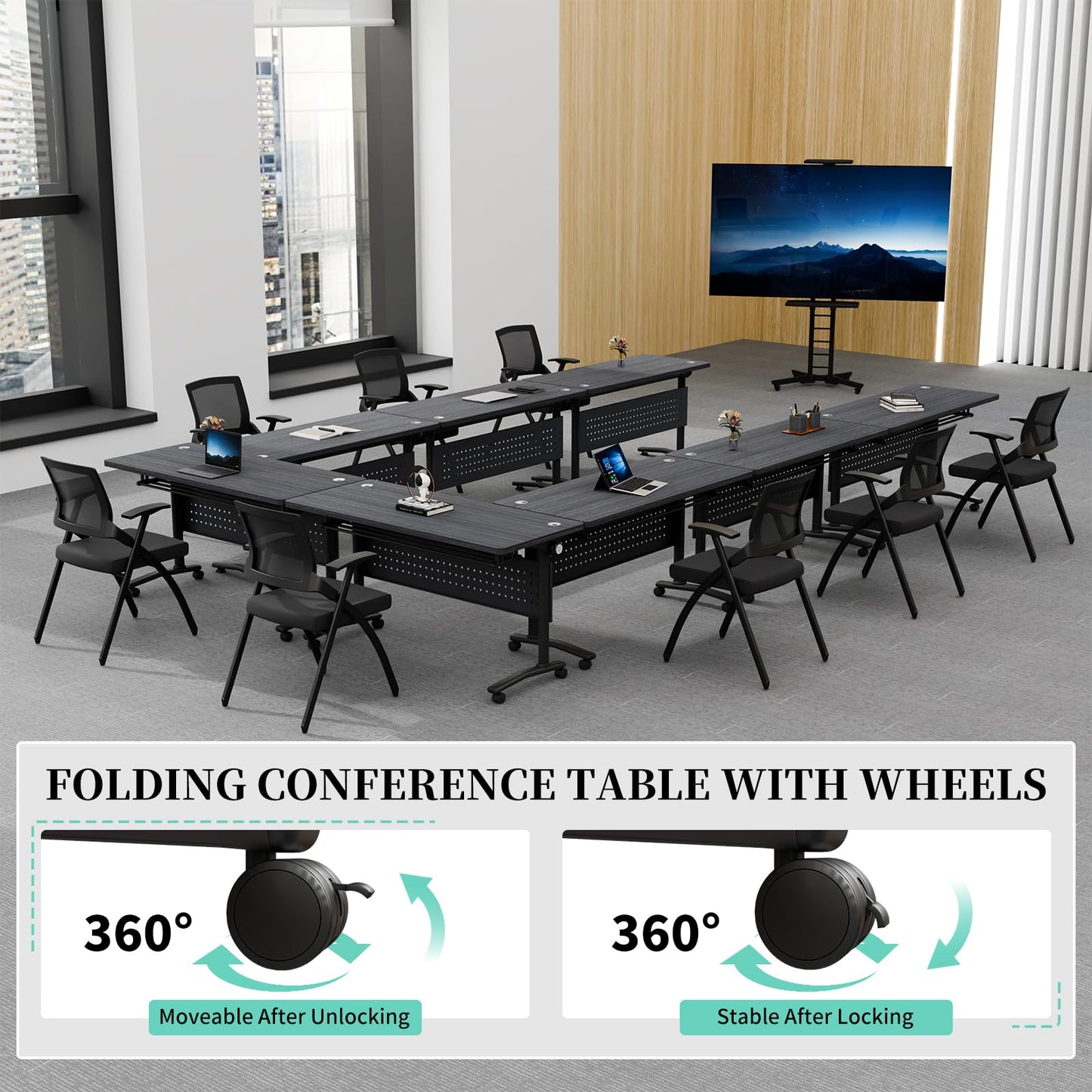 8PCS Folding Training Table with Wheels,Modular Conference Tables, 47IN Conference Room Table with Cable Grommets,Flip Top Mobile Meeting Tables for School Office Seminar Classroom,2-30 Person