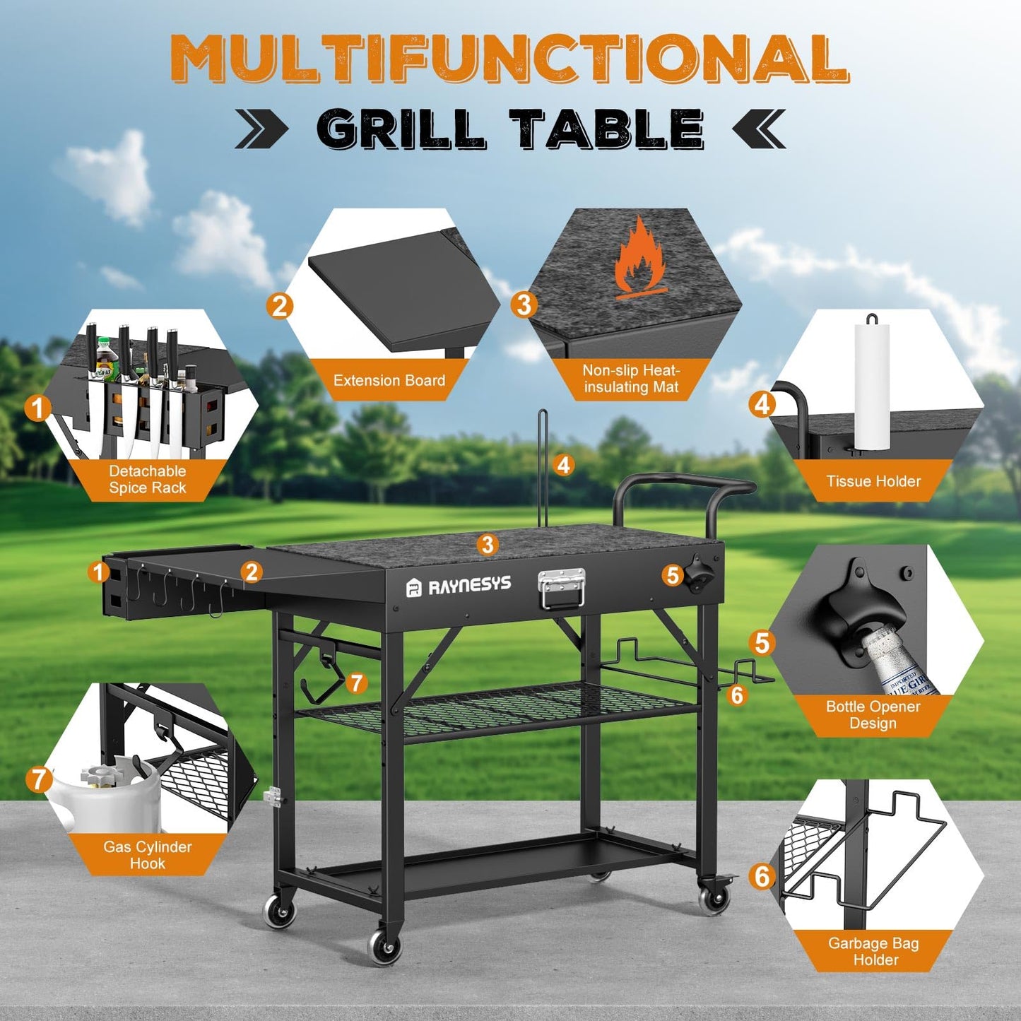 Raynesys Outdoor Grill Cart, 440lbs Outdoor Grill Table, 31x17 inch Blackstone Griddle Stand, Portable Folding Cart with Wheels, 2-Tier Storage Rack & Side Storage Box (Black)