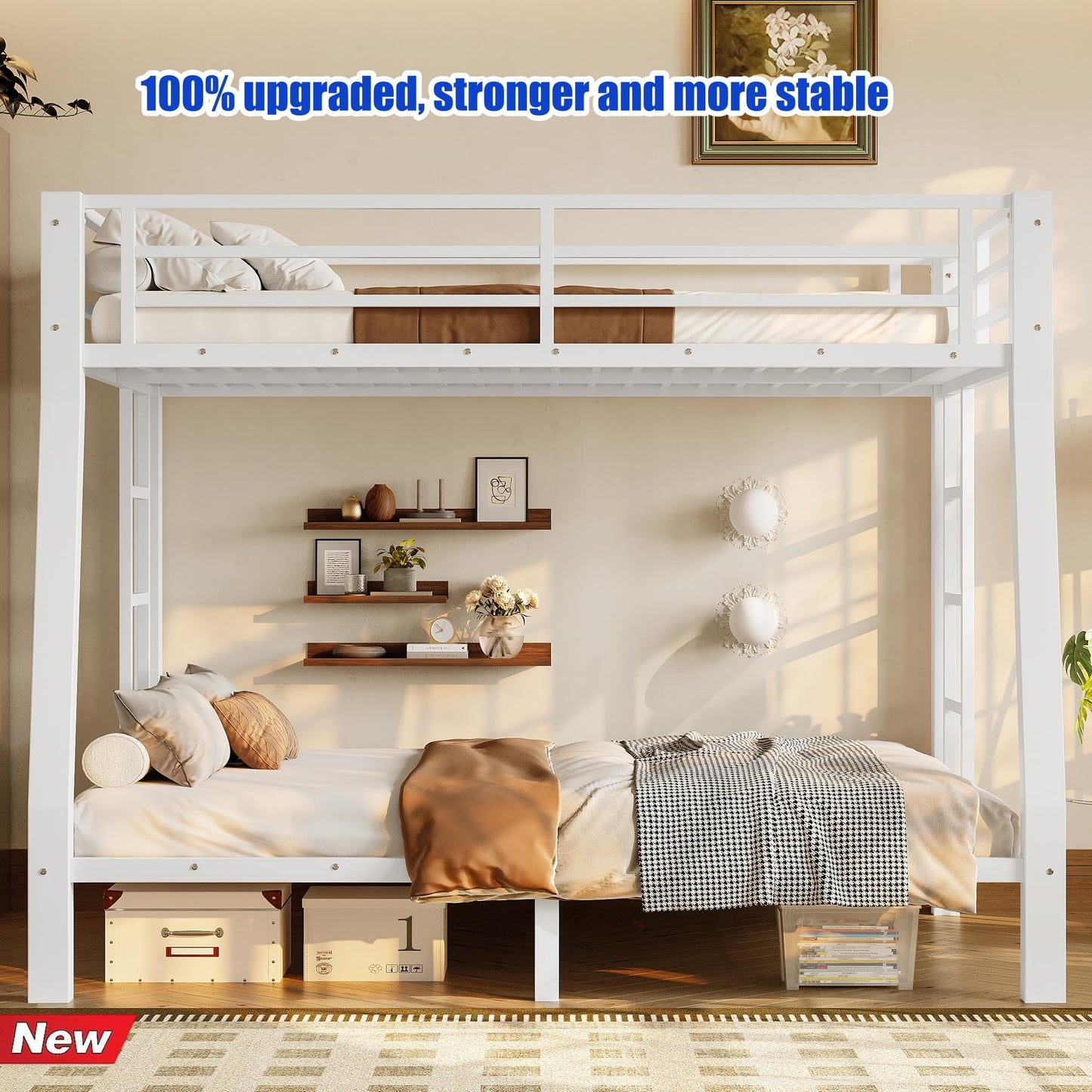 SICONE Stronger & Upgraded Heavy Duty Metal Bunk Bed Frame Full XL Over Queen Size, Safer Thickened More Stable Steel Bunkbed (White,Full XL Over Queen)