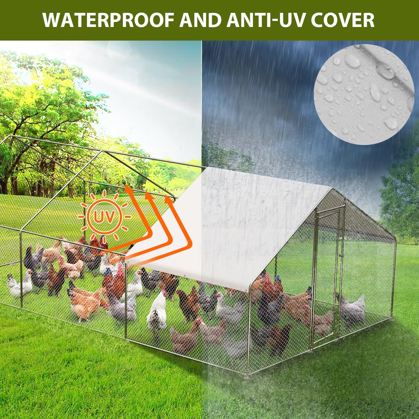 Large Chicken Coop with Cover, Large Metal Chicken Coop,Metal Chicken Run & Spire Roof Outdoor Enclosure with Lock,for Backyard, Farm, Housing Chickens, Ducks, Rabbits
