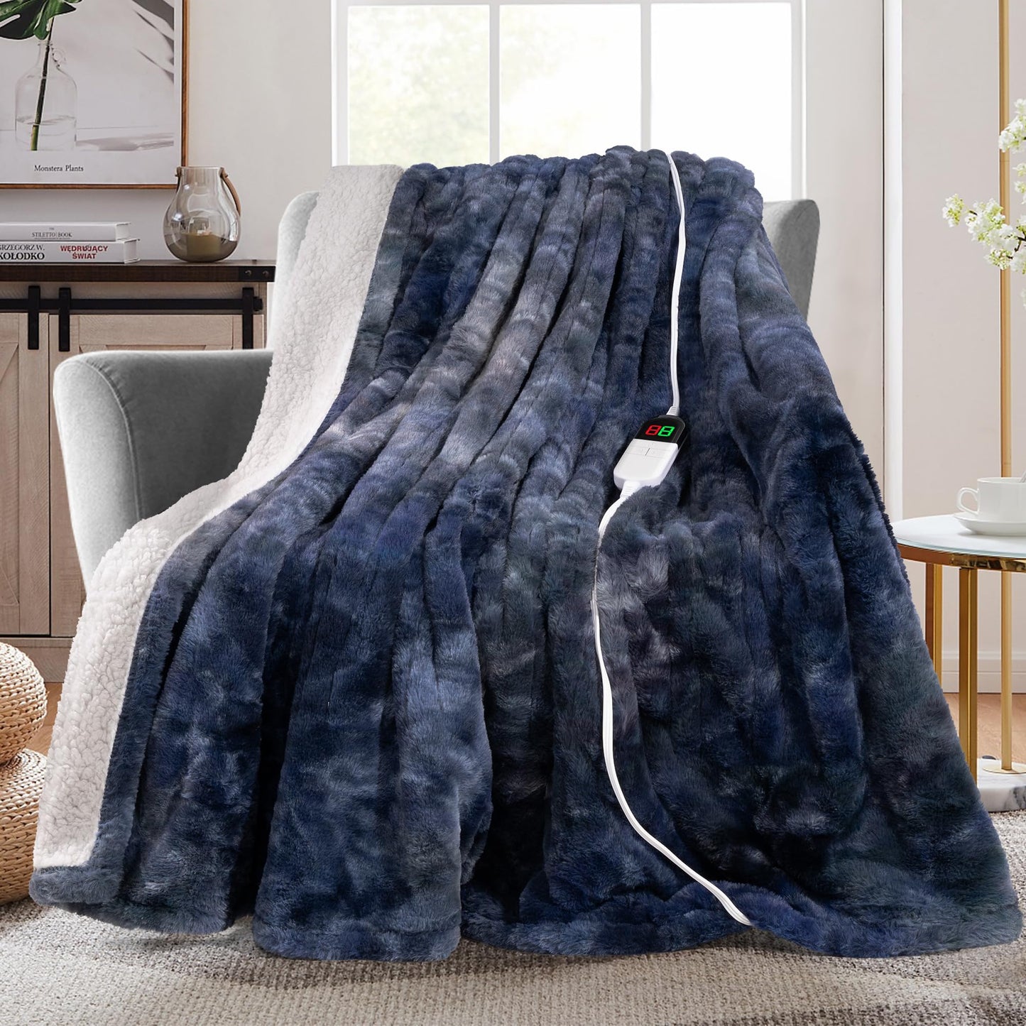 MAXEVE Electric Heated Throw Faux Rabbit Fur Blanket with 8 Heating Levels & 8 Hours Auto Off, Fast Heating Warm Cozy Sherpa Washable Blanket with Over-Heat Protection, ETL Certification, Grey