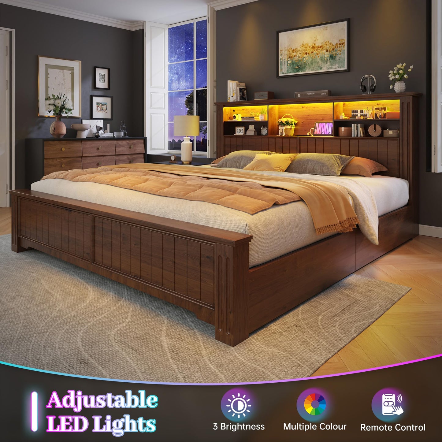 EnHomee King Size Bed Frame with 4 Storage Drawers and Headboard,LED Lights & Charging Ports,No Box Spring Needed for Big House,Noise-Free,Wooden,Brown