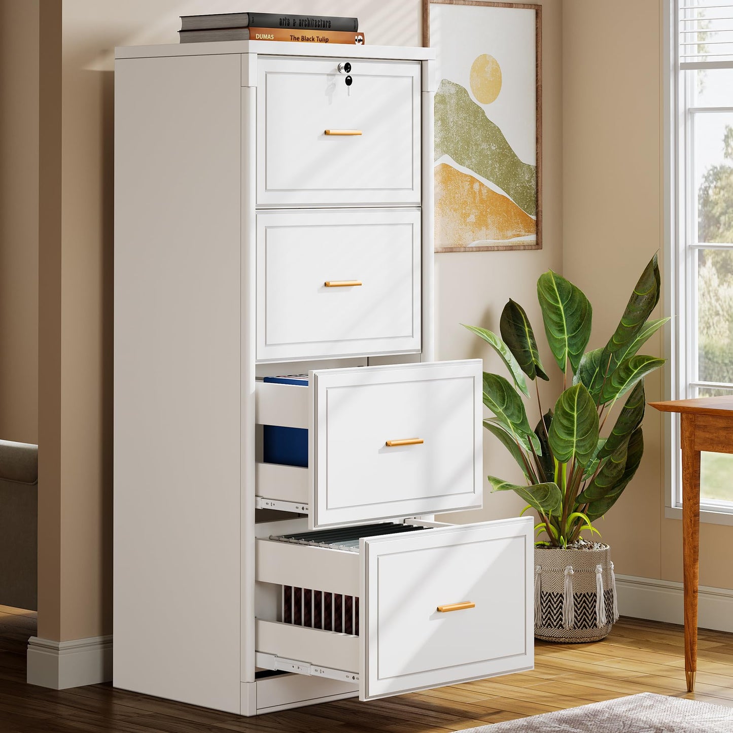 Tribesigns 4-Drawer File Cabinet with Lock, Locked File Cabinet with Key, Tall Wooden Filing Cabinets for Home Office, Vertical Office Storage for Legal Size/Letter/A4/Files, White