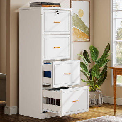 Tribesigns 4-Drawer File Cabinet with Lock, Locked File Cabinet with Key, Tall Wooden Filing Cabinets for Home Office, Vertical Office Storage for Legal Size/Letter/A4/Files, White