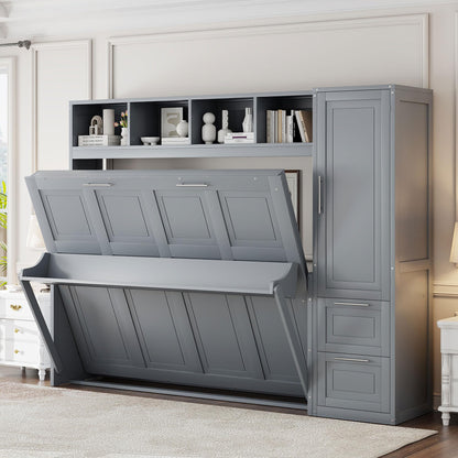 Merax Full Size Murphy Bed, Wall with Closet and Drawers, Storage Space Saving Muti-Functional Beds Frame for Home Office Guest Room, Gray