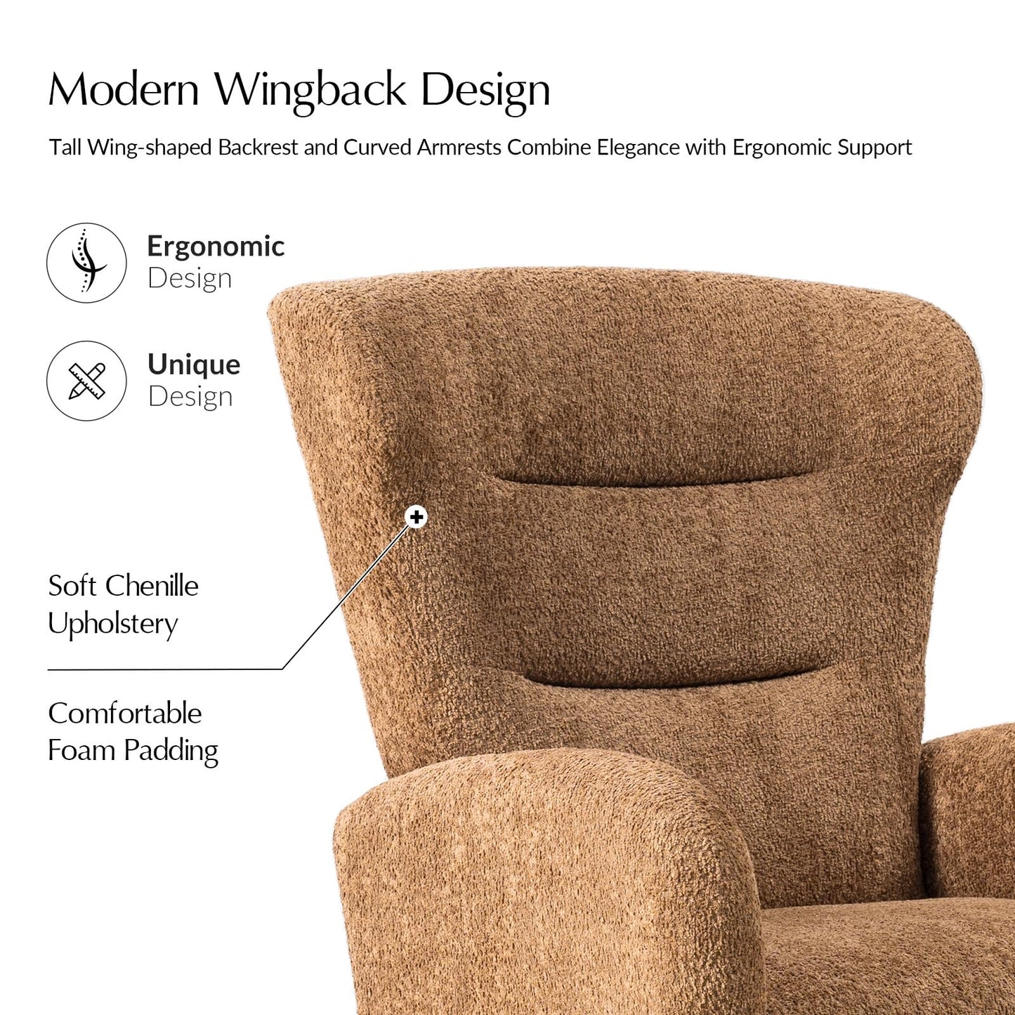 HULALA HOME Executive Office Chair, Ergonomic Wingback Office Chair with Curved Armrests, Soft Chenille Upholstery, Adjustable Height, 360° Swivel & Tilt, Thick Foam Padding, Caramel