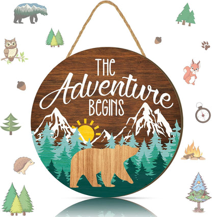 12 12'' Chunful The Adventure Begins Wooden Hanging Sign, x Woodland Nursery Decor, Green Trees Brown Background