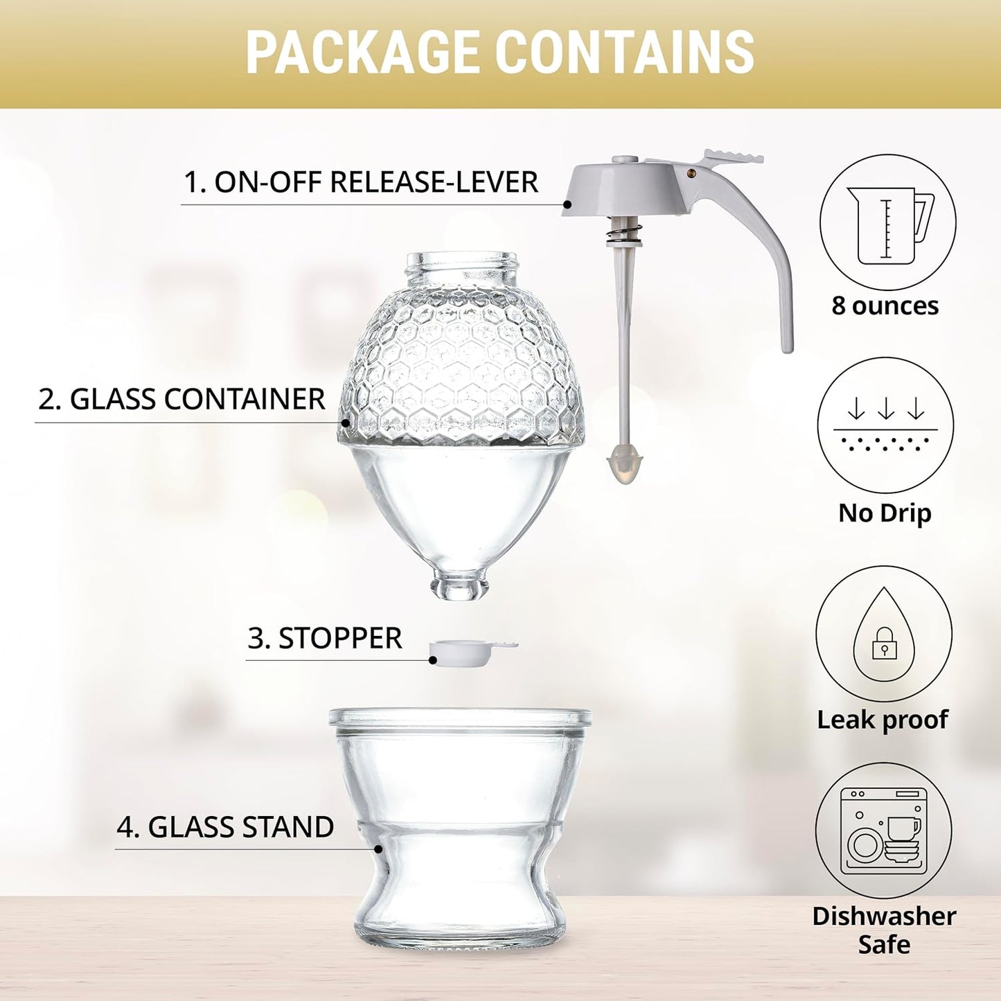 8 oz PAULSWAY Not Chromed Glass Honey Dispenser, Food-Grade ABS White Lid No Drip Glass with Stand Honey Jar Honeycomb