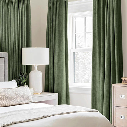 MIULEE 100% Blackout Linen Textured Curtains - Thermal Insulated Olive Green Drapes | 52 x 84 Inch (2 Panels)