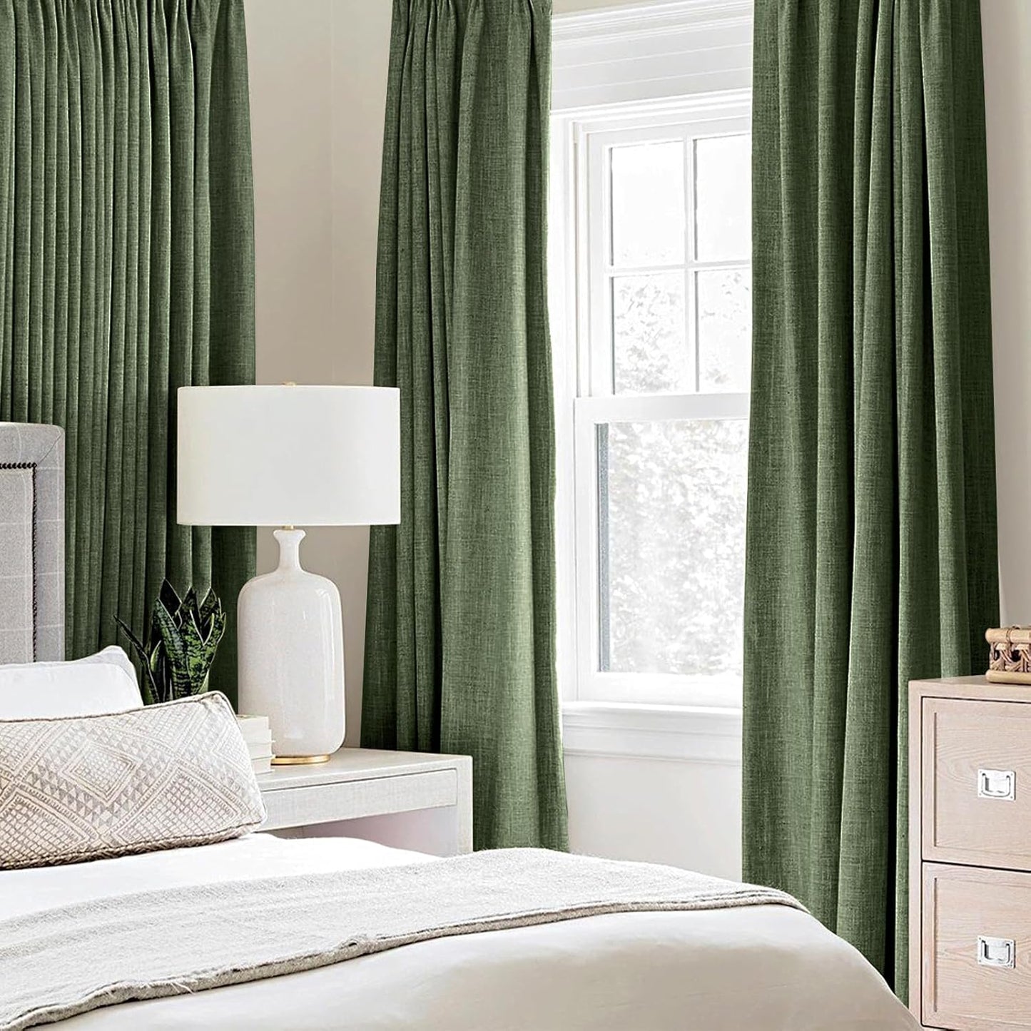 MIULEE 100% Blackout Linen Textured Curtains - Olive Green Thermal Insulated Drapes | 52 x 96 Inch (2 Panels)