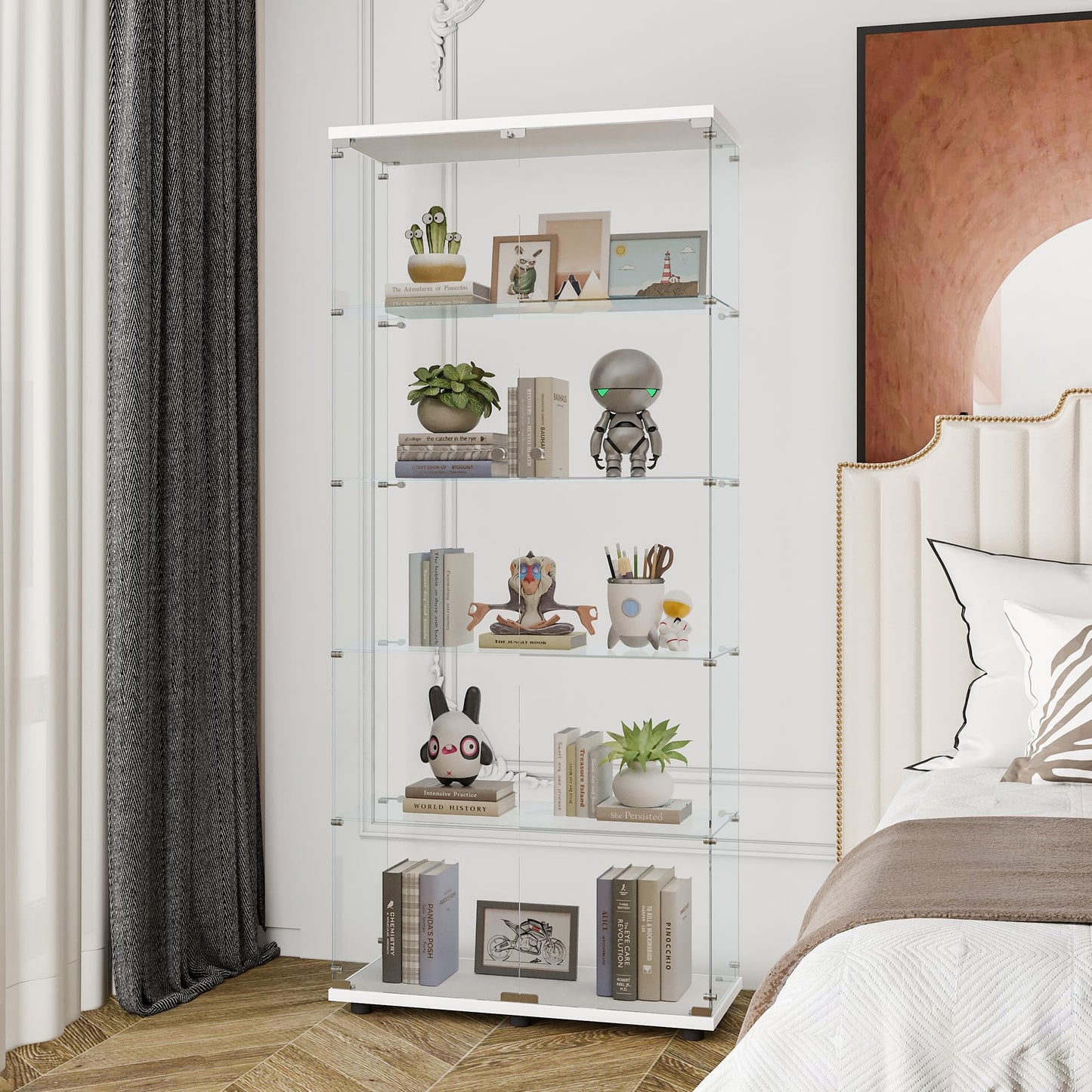 KTATK Glass Display Cabinet with 5 Shelves Double Door,Floor Standing Curio Bookshelf,Quick Installation,for Bedroom Living Room Office,White（73.82"x 31.69"x 14.37"）