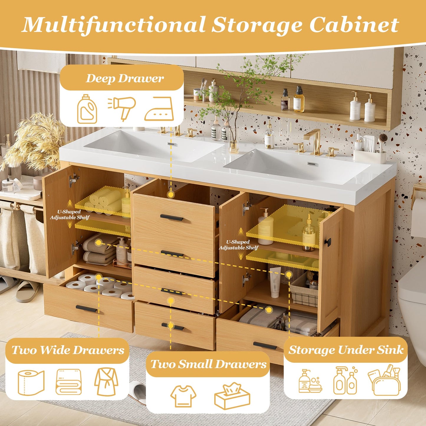 GDFStudio 59.3" Bathroom Vanity with Double SMC Resin Sink, Solid Wood Frame & MDF Cabinet, 4 Doors & 5 Soft-Close Drawers, Adjustable Shelves, Black Handles, Modern Wood Grain Finish