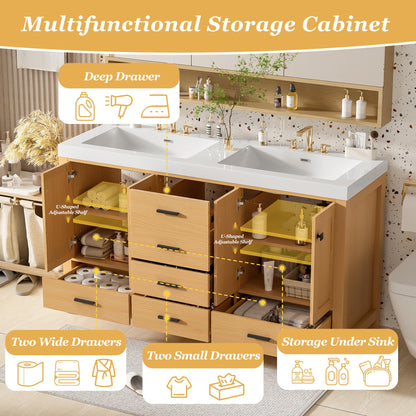 GDFStudio 59.3" Bathroom Vanity with Double SMC Resin Sink, Solid Wood Frame & MDF Cabinet, 4 Doors & 5 Soft-Close Drawers, Adjustable Shelves, Black Handles, Modern Wood Grain Finish