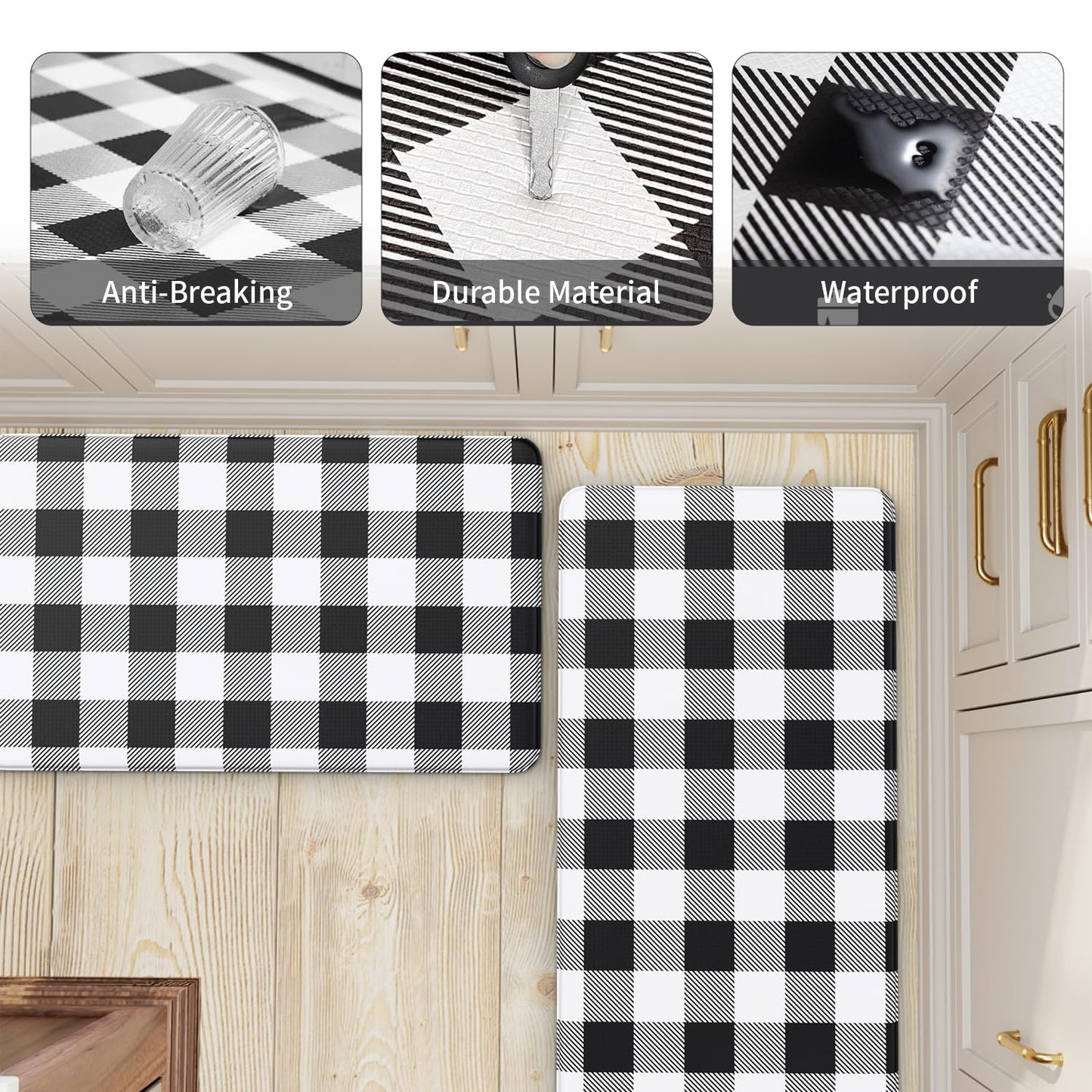 MAYHMYO 2 PCS Anti Fatigue Rugs Non Skid Waterproof Floor Mat Cushioned Black and White Farmhouse Comfort Standing Kitchen Mats for Floor, House, Sink, Office