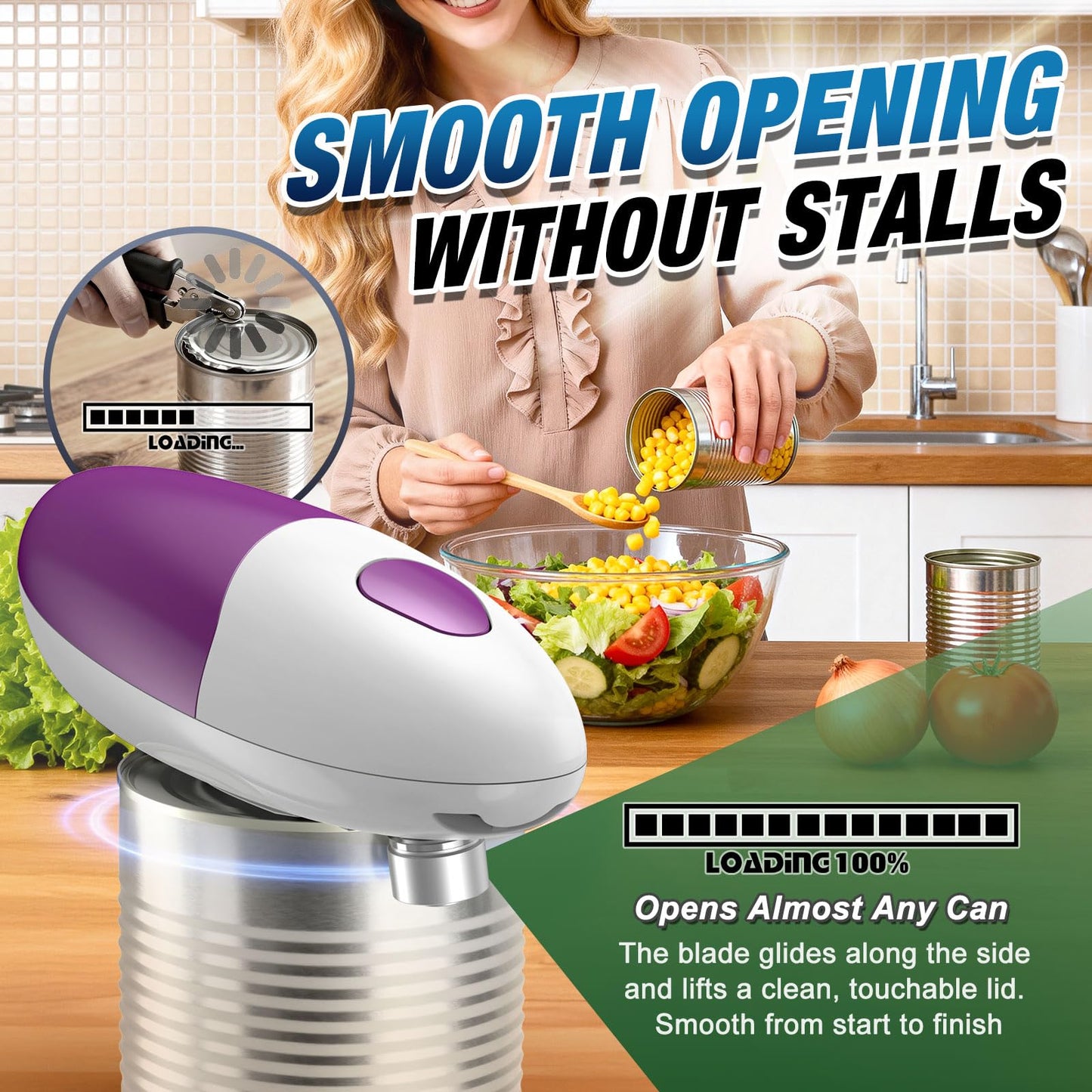 Electric Can Opener, Automatic Can Opener with One-Touch Operation, Smooth Edge Design, Safe for All Can Sizes – Ideal Kitchen Gadget Can Openers for Seniors with Arthritis (Purple)