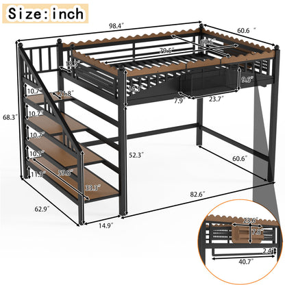 KEIKI Queen Size Loft Bed with Storage Stairs, Metal Loft Bed Frame with Shelves & Bookshelf, Heavy Duty Adult Loft Bed with Guardrails, No Box Spring Needed, Black