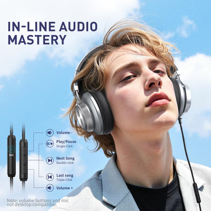 AILIHEN C90 Wired Headphones with Microphone Volume Control, Noise Reduction Foldable Comfortable Over Ear Headphones Wired Durable Nylon 3.5mm Jacket for Tablet/Chromebook/Computer/Adult/Teens(Grey)