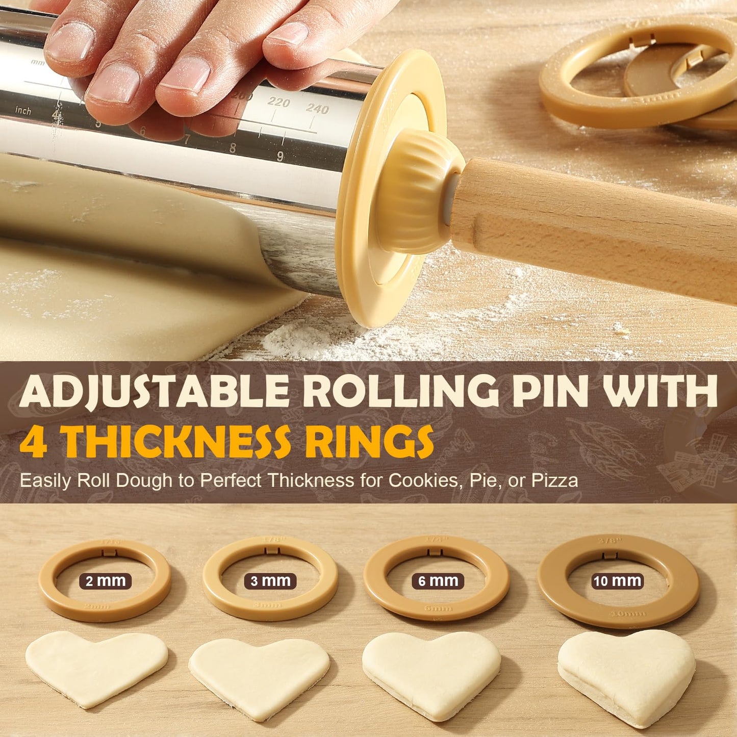 LUSHYUM Adjustable Rolling Pin with Thickness Rings 304 Stainless Steel Dough Roller with Dual-Purpose Stand Detachable Handles for Pizza Cookies Fondant Non Stick Metal Kitchen Tool Gift for Bakers