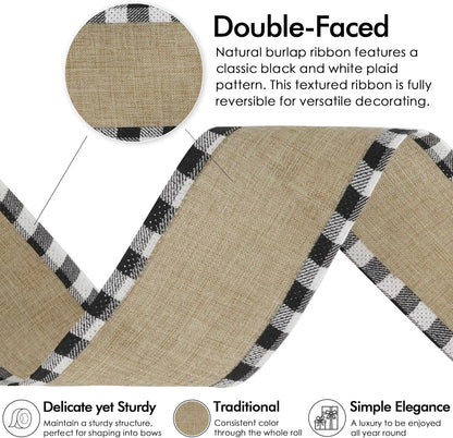 MEEDEE Burlap Christmas Ribbon - Wired 2.5 Inch Plaid with Black & White Edging | 10 Yards for Trees & Wreaths