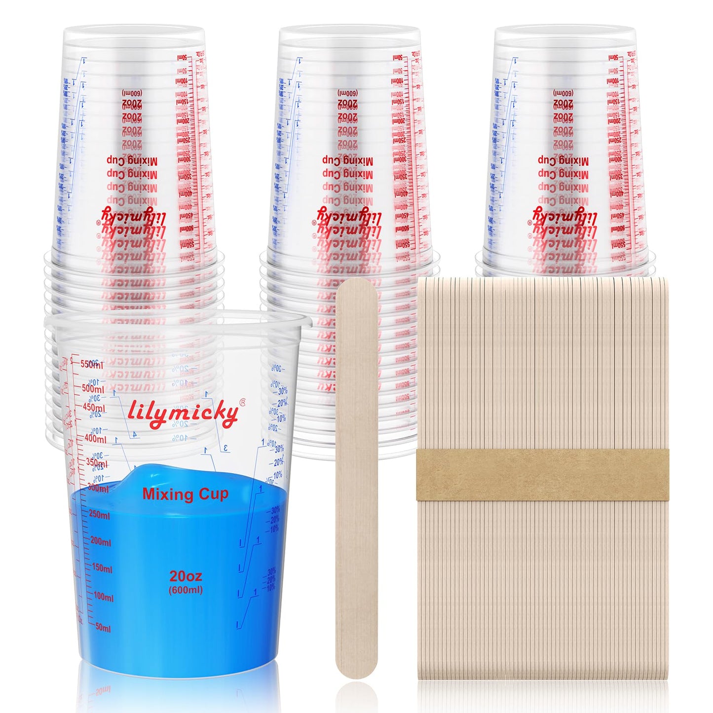 50 Pack Plastic Mixing Cups, 20 oz (600ml), Disposable Measuring Cups with 50 Wooden Mixing Sticks, Measurement ratios: 2:1, 3:1, 4:1, Suitable for Epoxy Resin, Liquid Measuring, and Paint