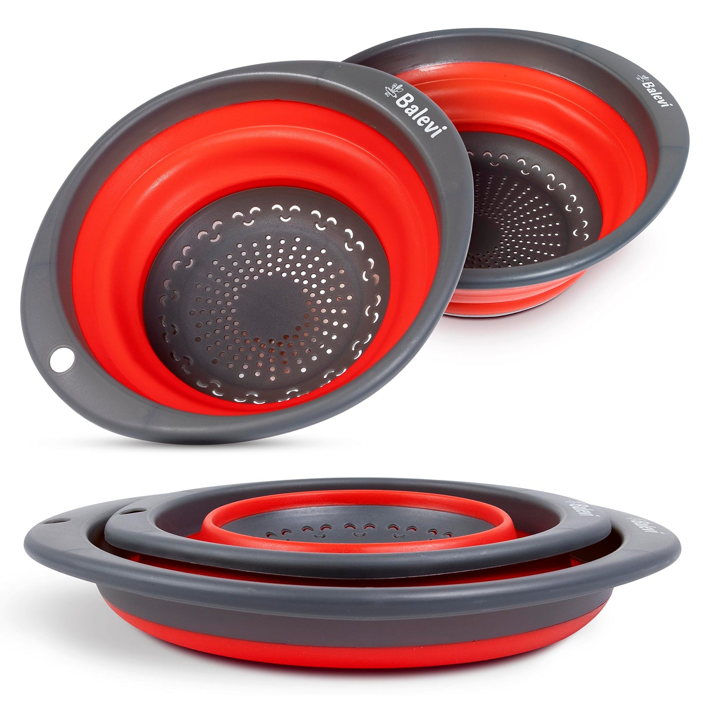 "Balevi Collapsible Strainers for Kitchen - Collapsible Colander Set of 2 Made of Silicone - Collapsible Strainer with Little Pegs to Keep Food Elevated - Red "