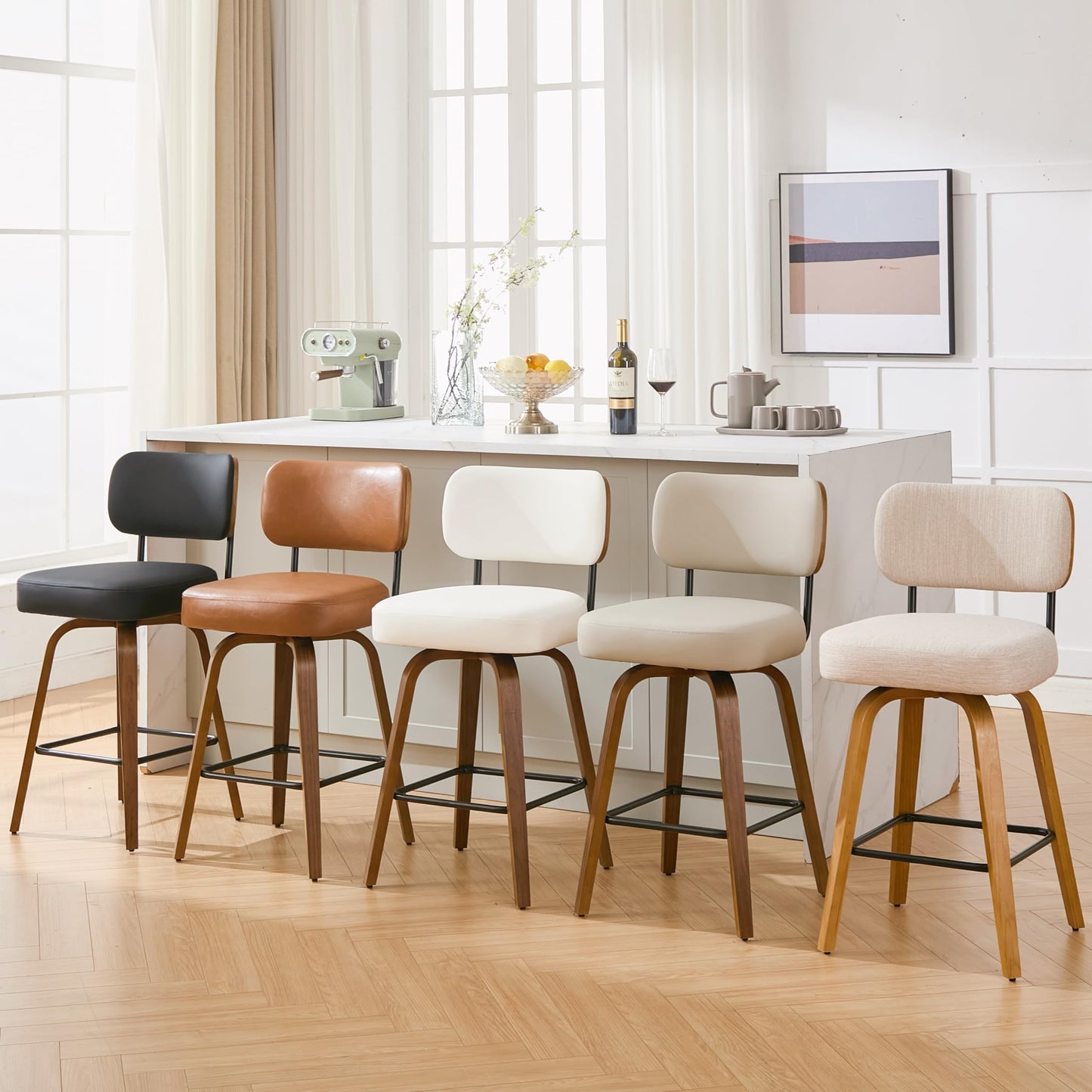 Arvasslia Swivel Bar Stools Set of 3, 26" Upholstered Counter Height Bar Stools with Back and Walnut Wood Legs, Faux Leather Barstools for Kitchen Counter, Beige Gray