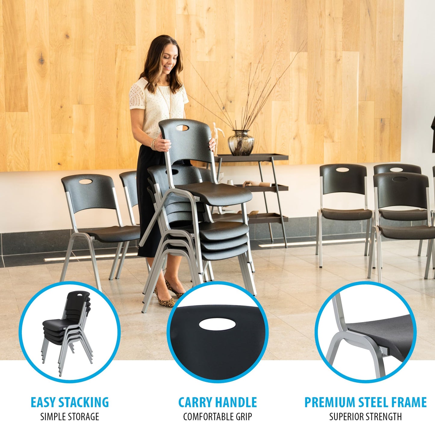 Lifetime Stacking Chair, Contemporary - Pack of 4, Black