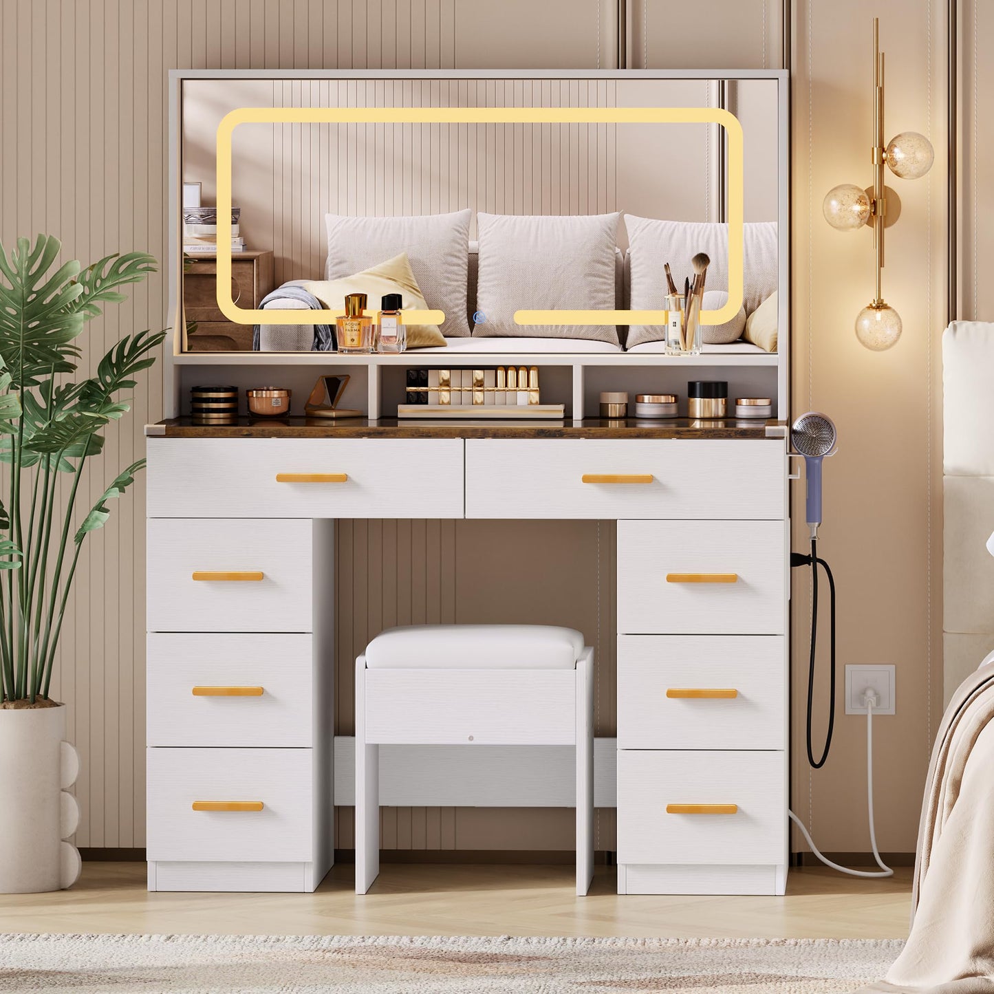 GAOMON Makeup Vanity Desk with Large Lighted Mirror, Vanity Desk with Glass Tabletop, 8 Drawers & 3 Storage Shelves, Vanity Set with Built-in Power Outlet for Bedroom & Dressing Area, White & Rustic