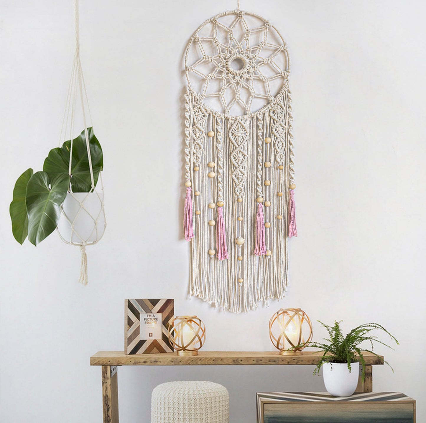 LB Boho Pink Macrame Wall Hanging Flower Dream Catcher Handmade Woven Cotton Tapestry with Wood beads Modern Aesthetic Wall Art Decor for Home, Bedroom, Living Room