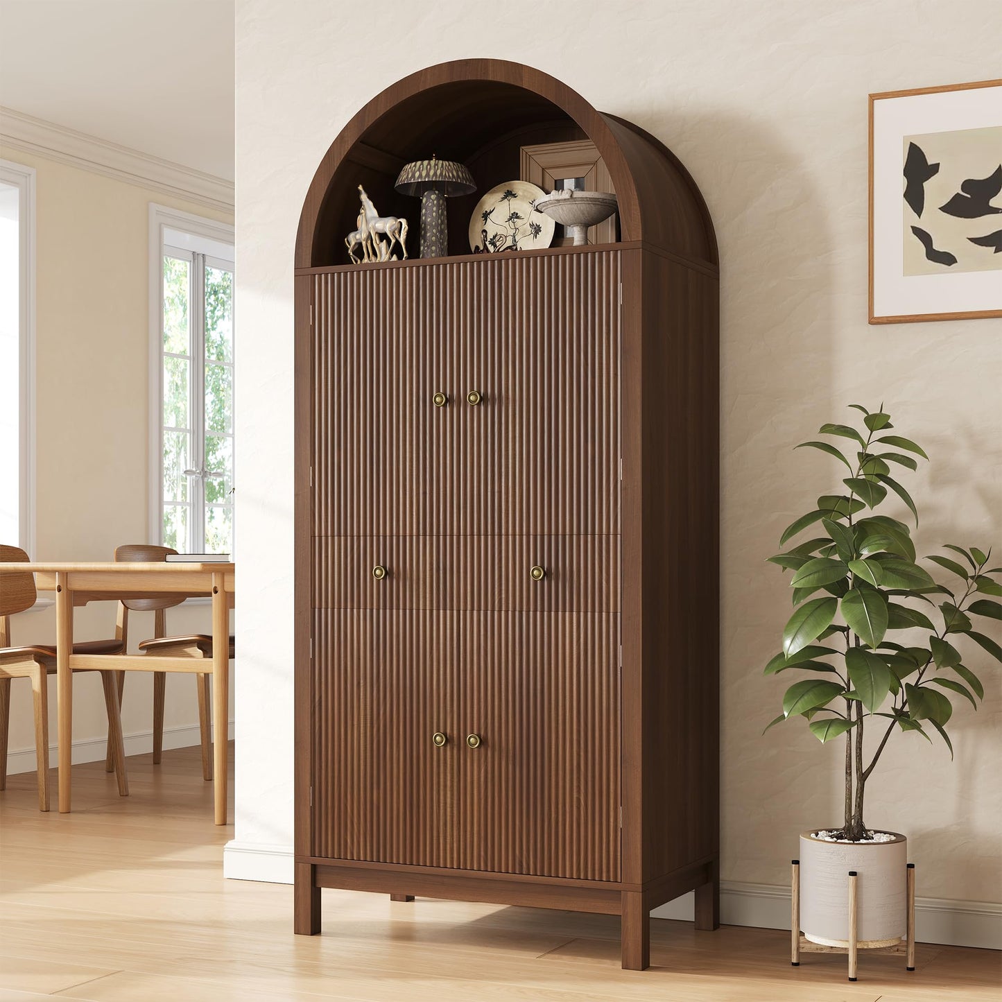 Apicizon 70" Tall Arched Kitchen Pantry Cabinet, 6-Tier Modern Fluted Wood Storage Cabinet with Doors Drawer & Adjustable Shelves, Farmhouse Cupboard Organizer for Dining Room, Bathroom, Walnut