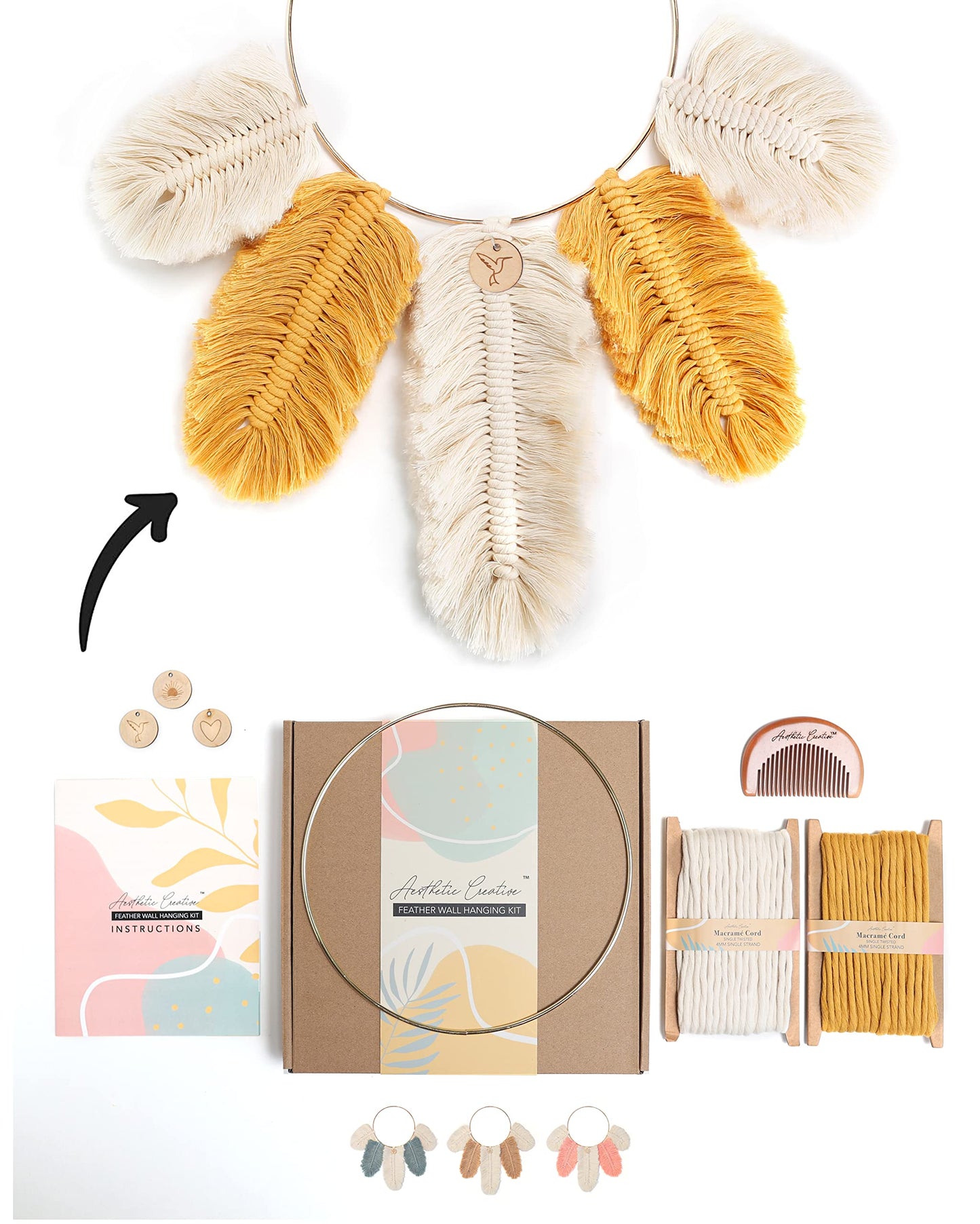 DIY Macrame Kit, Feather Dream Catcher Wall Hanging Kits for Teens & Adult Beginners, Craft Supplies for Boho Art Project-Macrame Cord, Gold Hoop, Accessories & Instructions (Sundial)