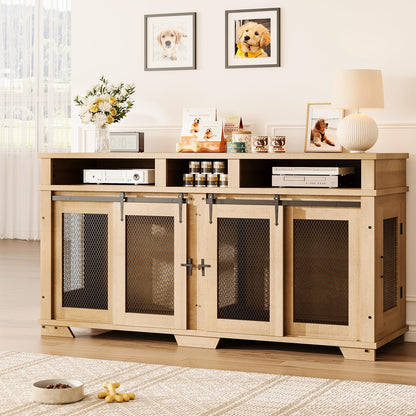 Garvee 71'' Dog Crate Furniture for 2 Dogs, Extra Large Double Dog Kennel Indoor with Removable Divider and Storage Drawers, Wooden Dog Crate TV Stand for Large Medium Dogs